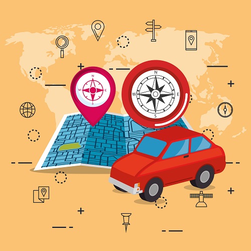 Cartoon of a red car with a map behind it, two compasses and different icons surrounding it all